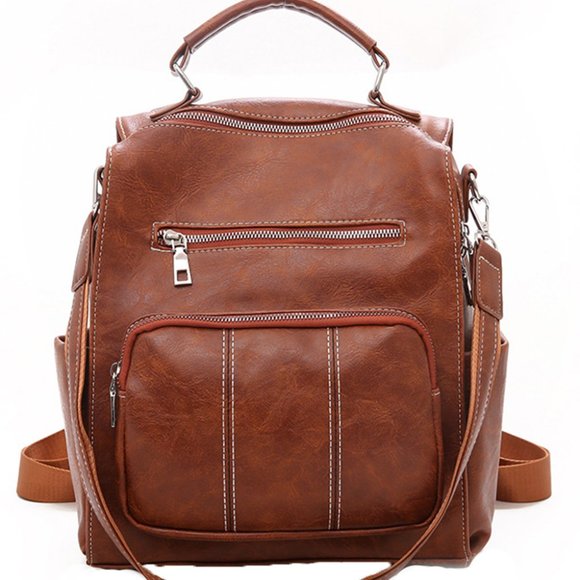 SOFT BROWN FAUX LEATHER BACKPACK STYLE BAG - Picture 3 of 4